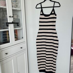 Lalavon Cream & Black Striped Knit Curvy Midi Dress